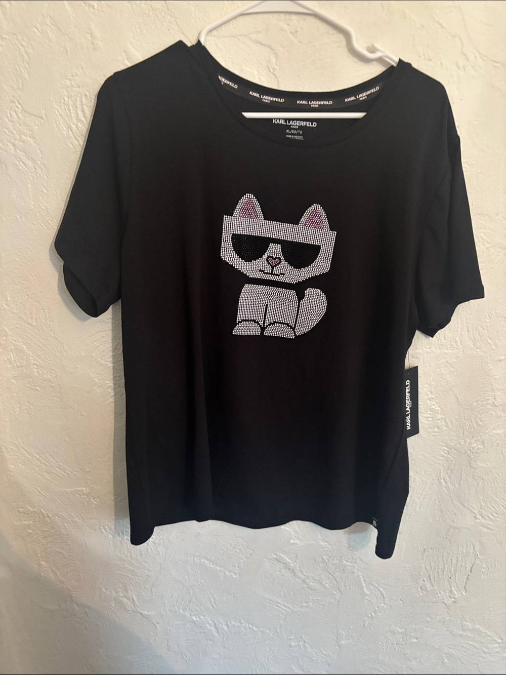 Karl Lagerfeld Black Rhinestone Cat Tee with Pink Accents
